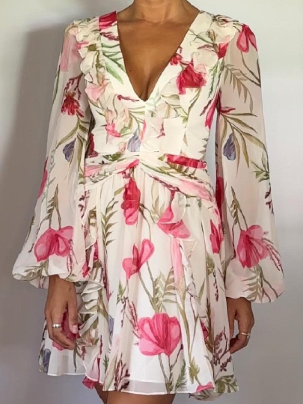 PATBO Ivory Floral Ruffle Dress Long Sleeve Plunge Neck Pink Green Print BRA 34
